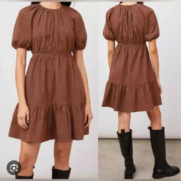 Rails Dresses & Skirts - RAILS Brown Black Plaid Seersucker Cotton Khloe Russet Gingham Flounce Dress L